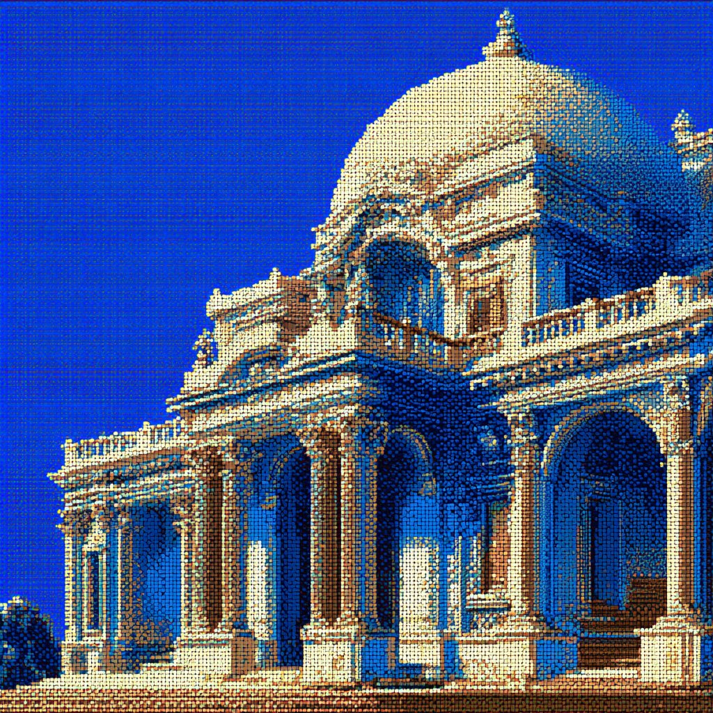 Civic building rendered in blue, ivory, and ochre halftone texture